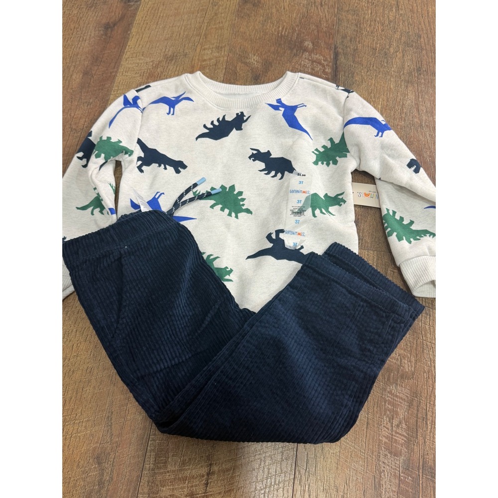 2pc Boys 3T Dinosaur Fleece Sweatshirt and Navy Corduroy Pants Set New